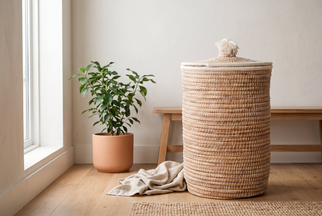 Manne en alfa tressée main posée au sol dans un intérieur clair et naturel