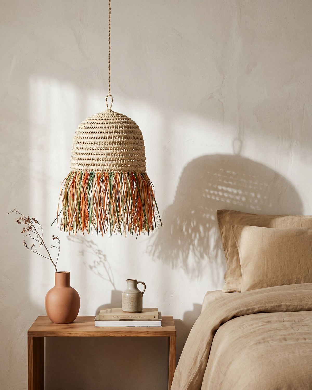 AFOURER - Suspension en osier - Cloche Franges Multicolores — en situation 20 cm