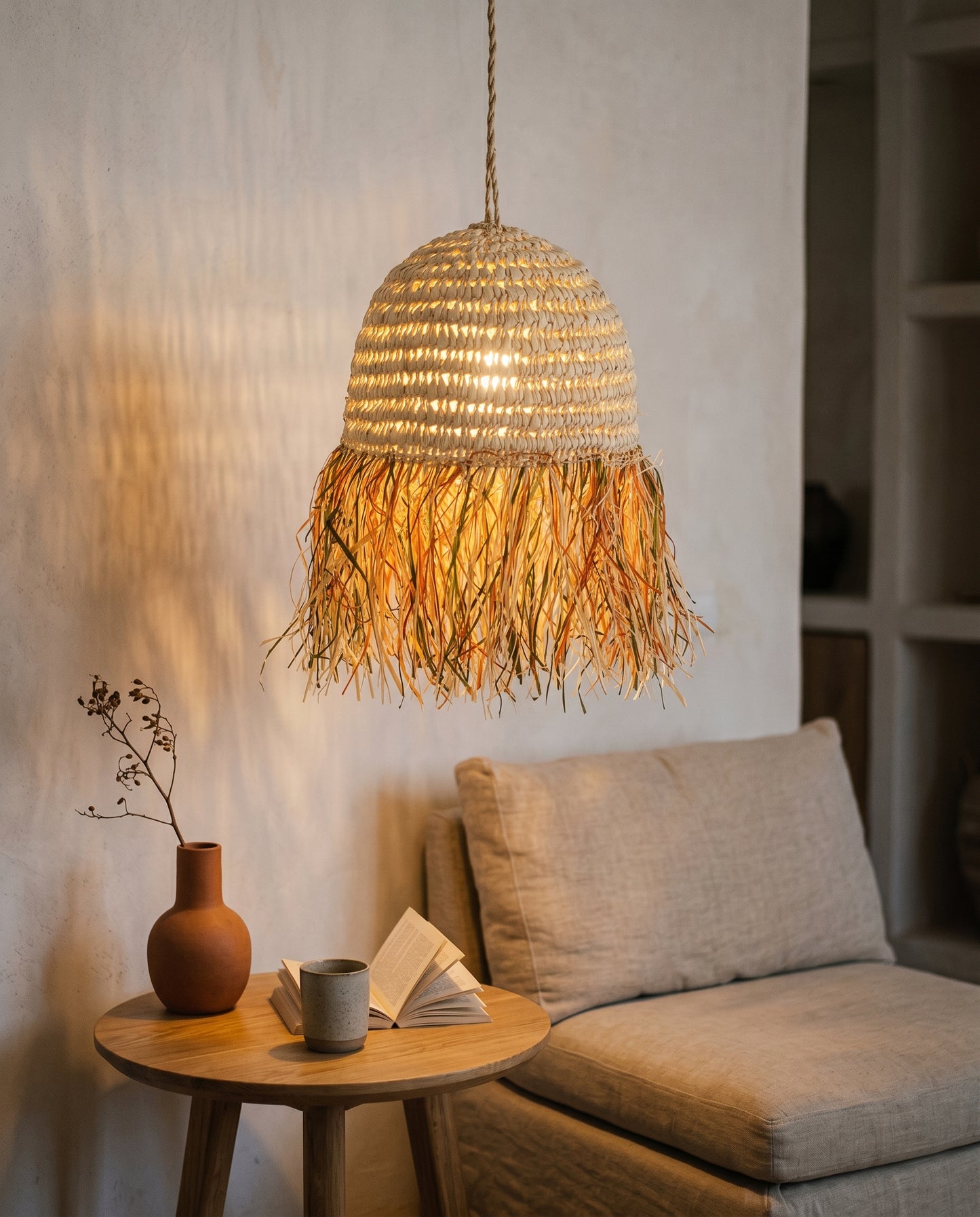AFOURER - Suspension en osier - Cloche Franges Multicolores