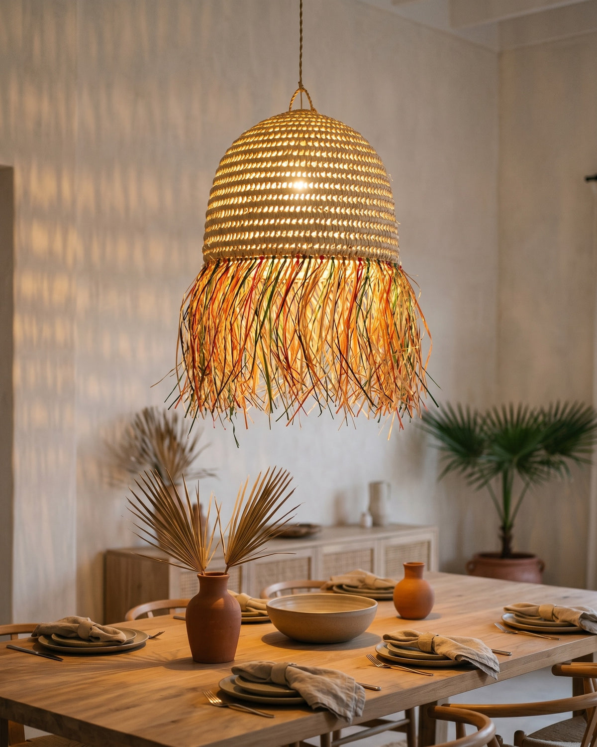 AFOURER - Suspension en osier - Cloche Franges Multicolores — mise à l'échelle 60 cm