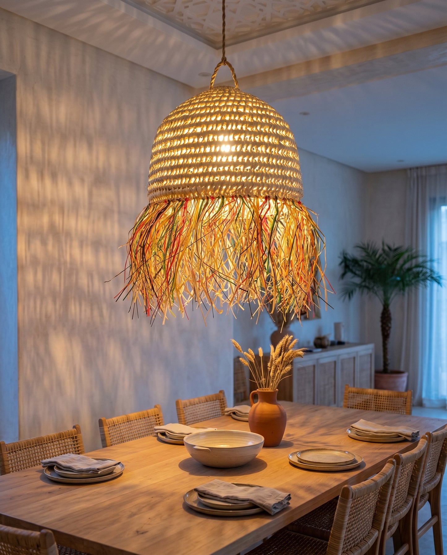 AFOURER - Suspension en osier - Cloche Franges Multicolores
