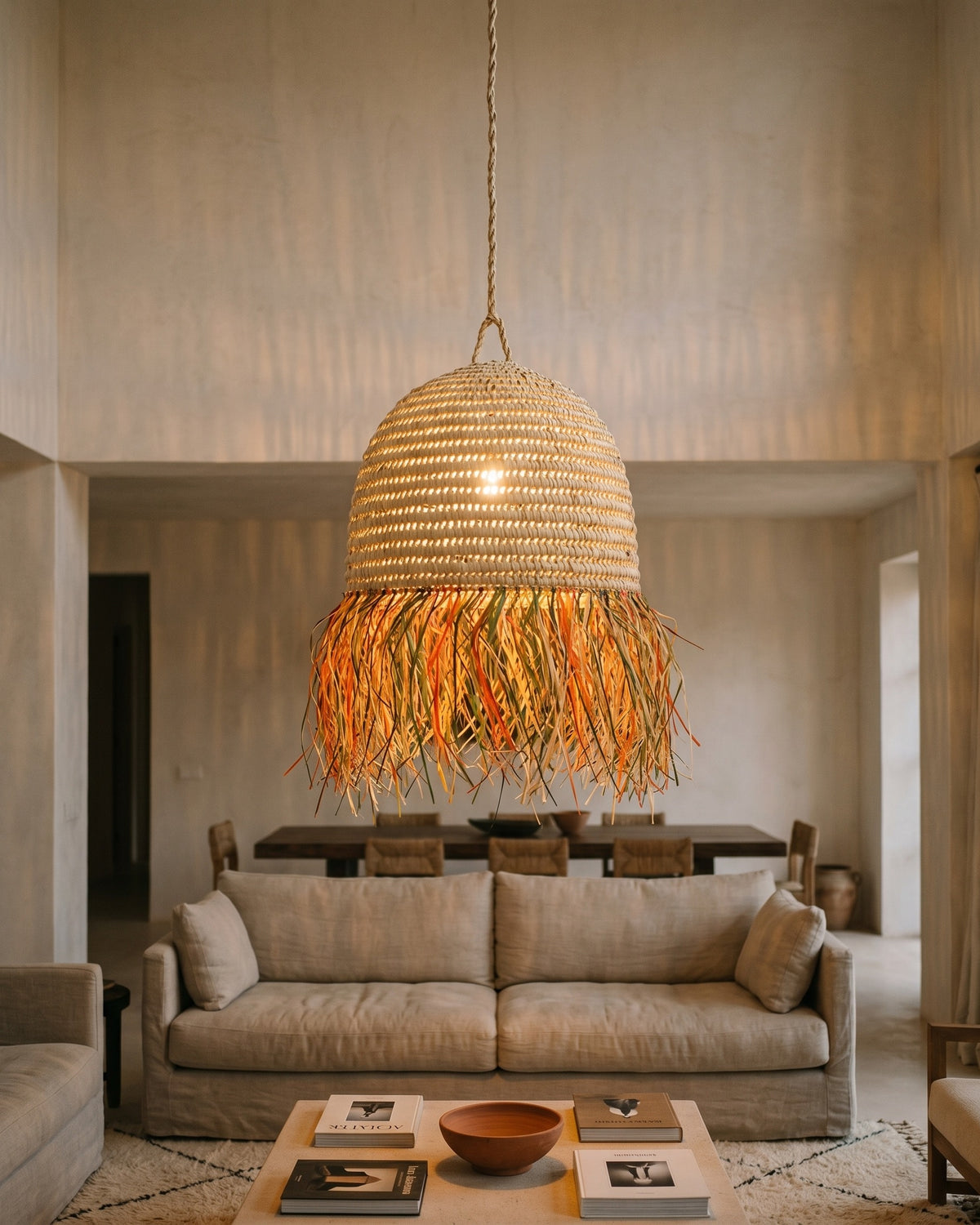 AFOURER - Suspension en osier - Cloche Franges Multicolores — mise à l'échelle 80 cm
