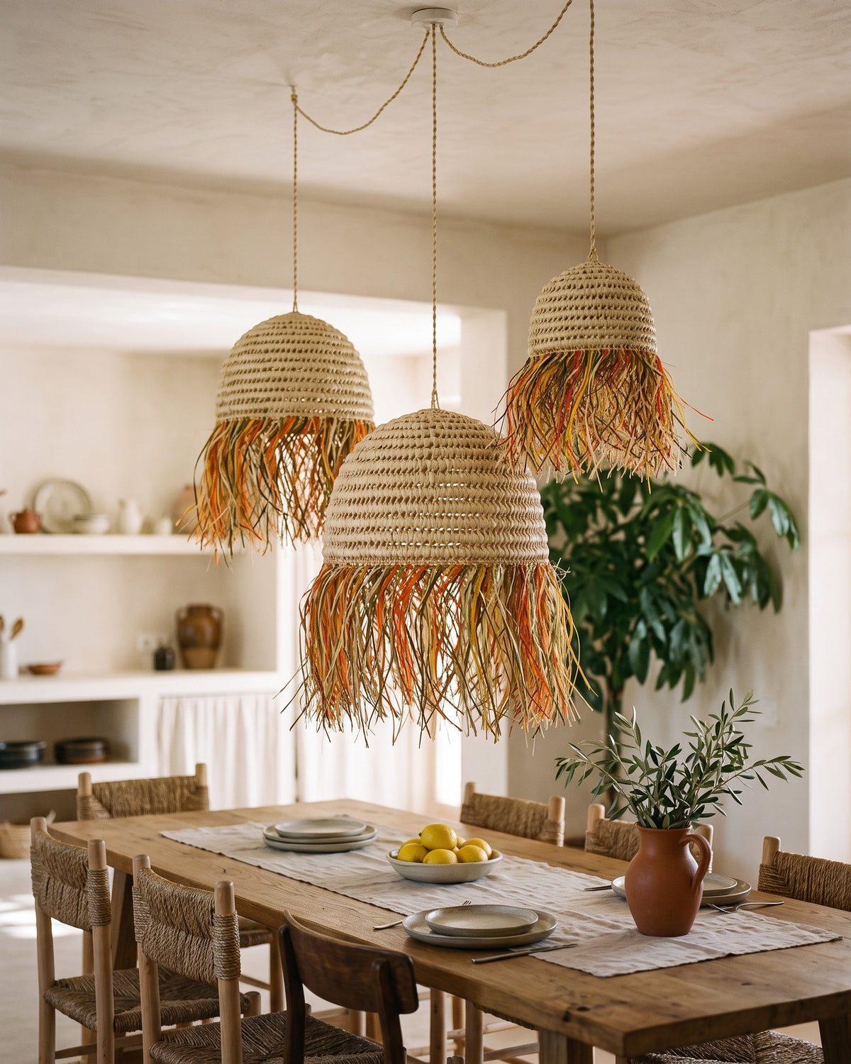 AFOURER - Suspension en osier - Cloche Franges Multicolores — dimensions