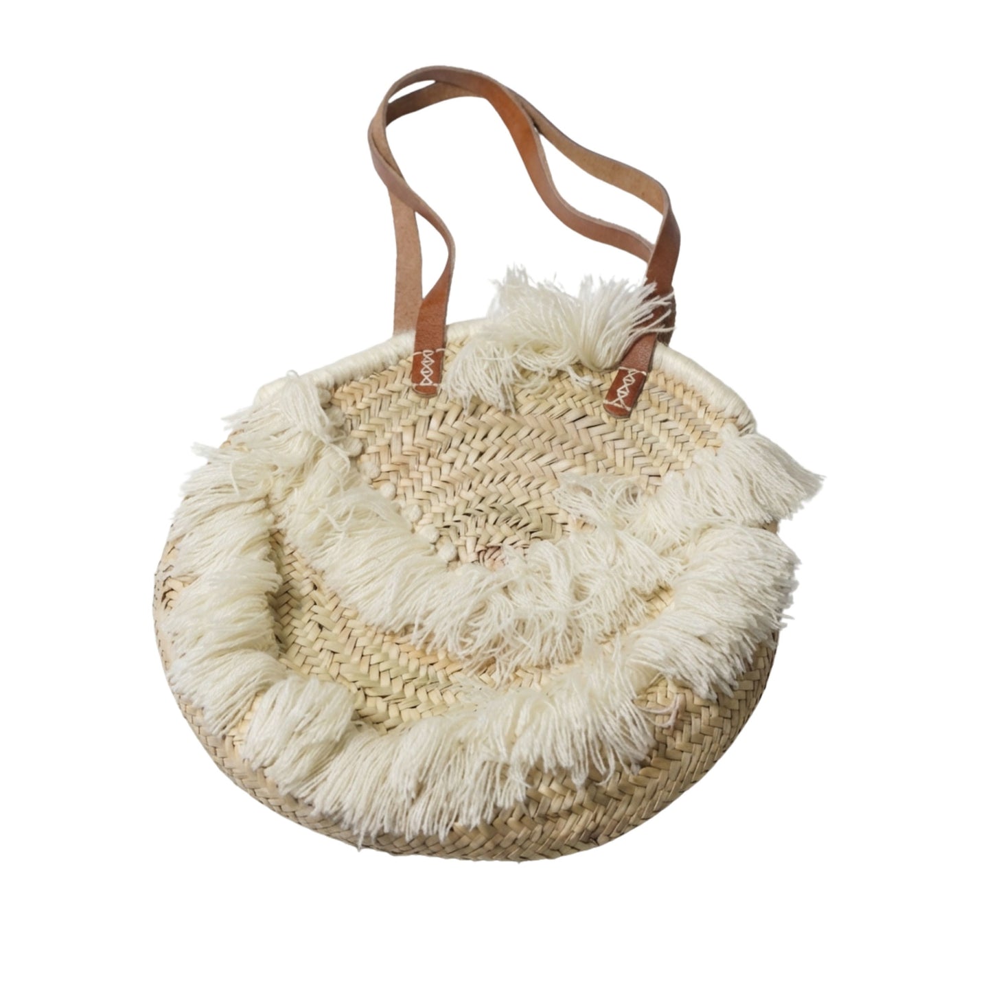 TAMOUNT - Sac rond en palme - Franges laine & cuir