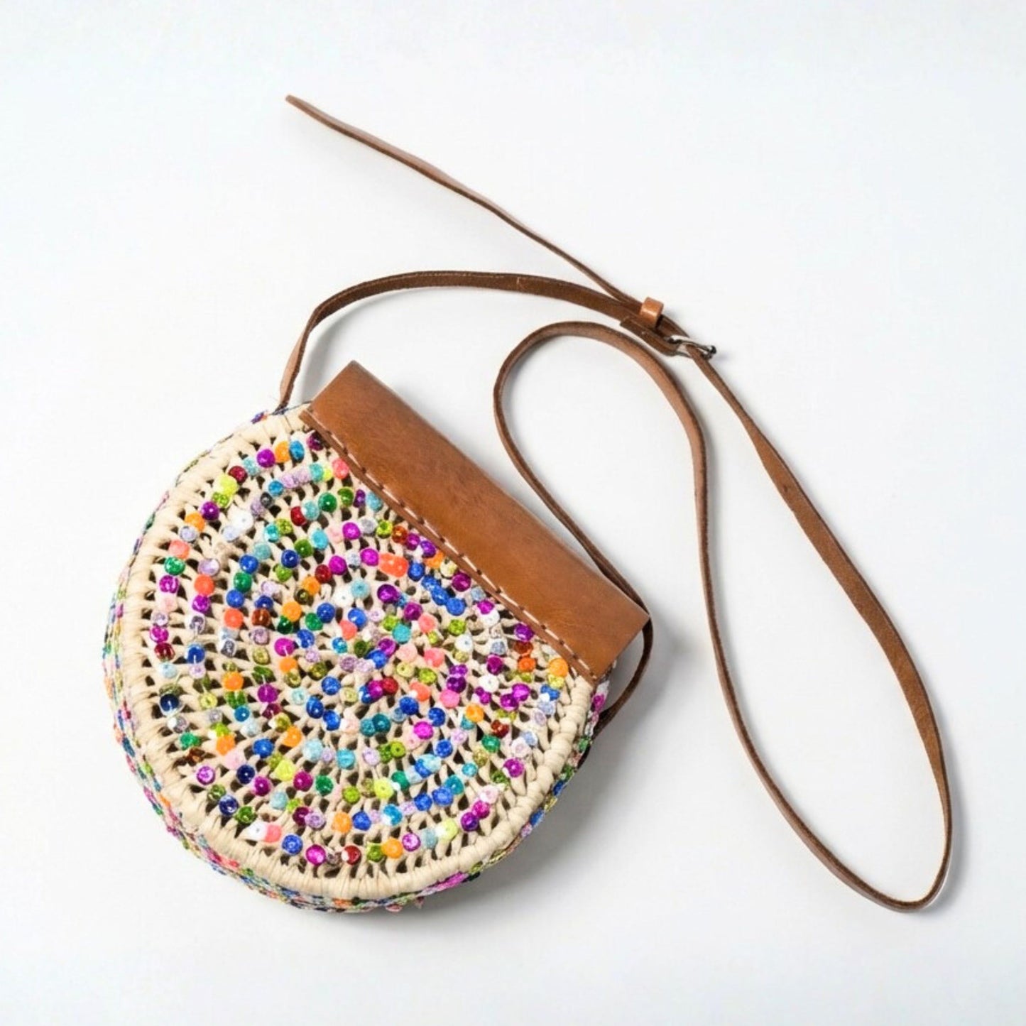 TIFSWIN - Sac rond en palme - Sequins rabat cuir